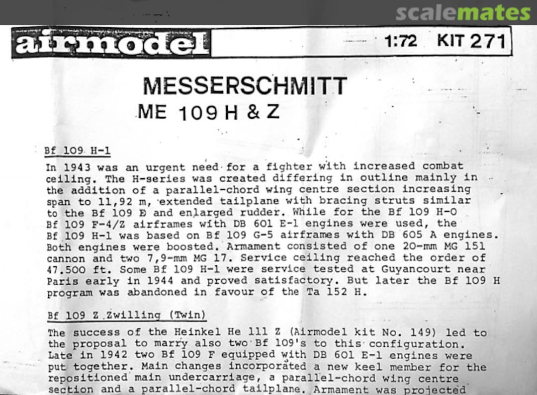 Boxart Messerschmitt Me 109H & Z 271 Airmodel