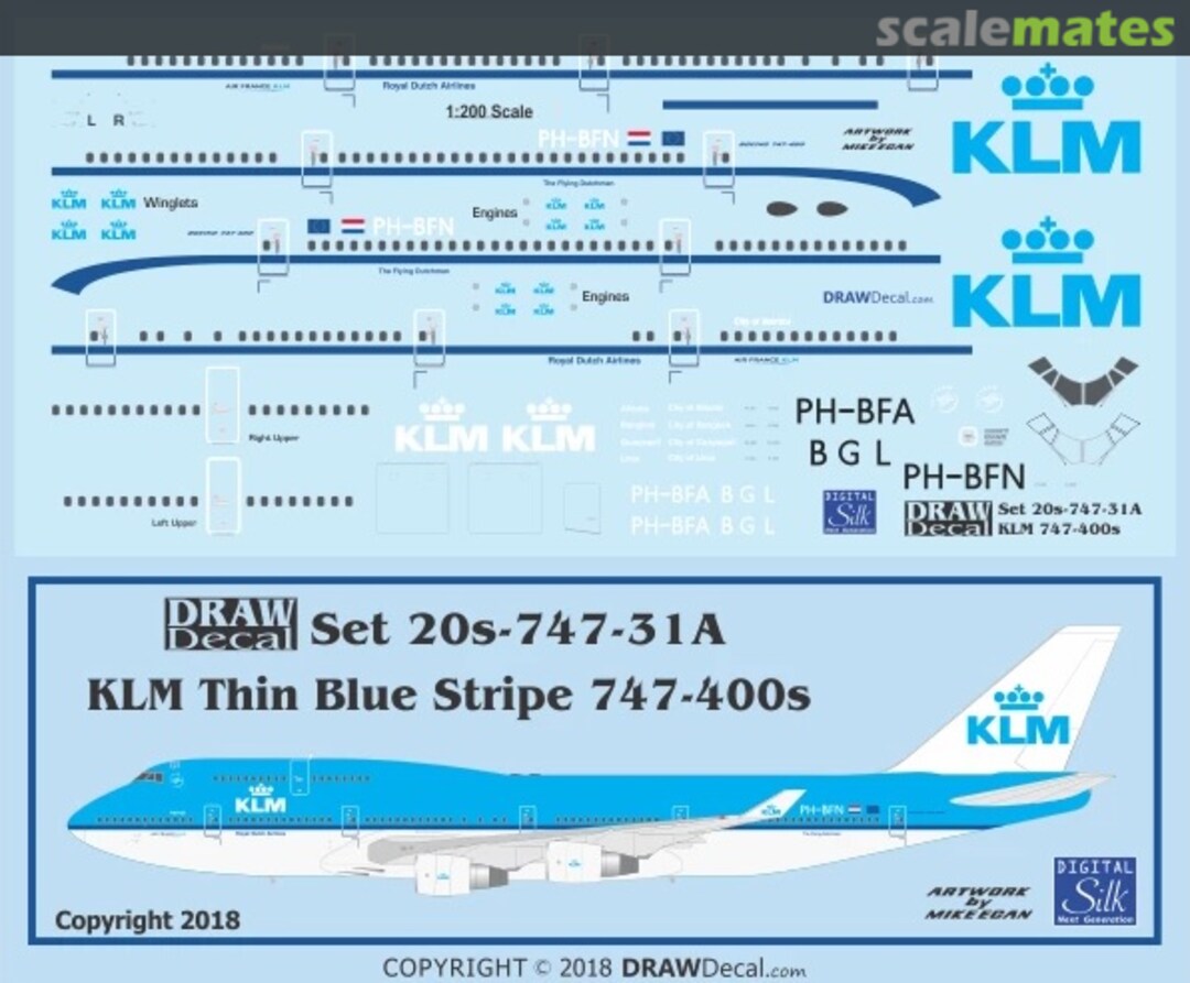 Boxart KLM Thin Blue Stripe 747-400s 20-747-31A Draw Decal