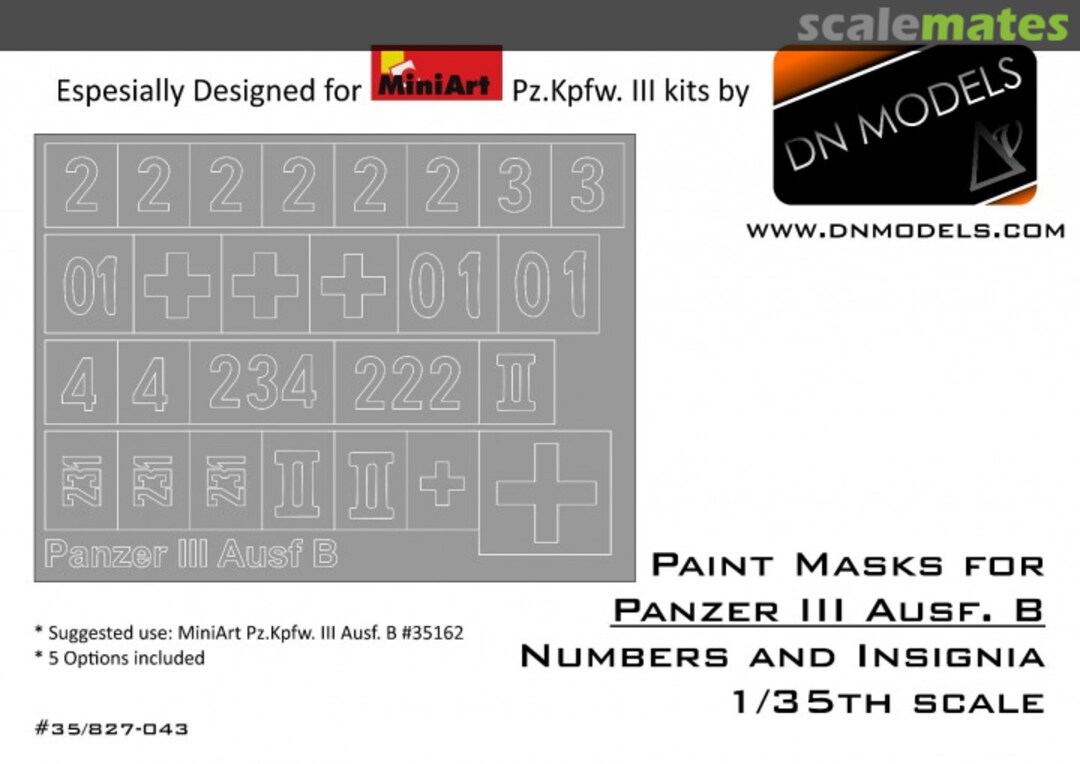 Boxart Paint Masks Set for Pz.Kpfw. III Ausf. B Numbers & Insignia 35/827-043 DN Models