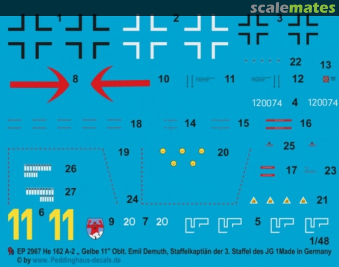 Boxart He 162 A-2 " Gelbe 11" Oblt. Emil Demuth, Staffelkapitän der 3. Staffel des JG 1 EP 2967 Peddinghaus-Decals