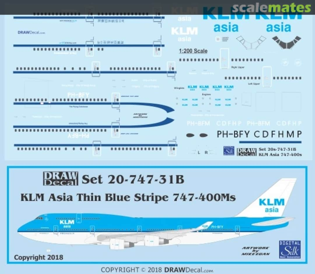 Boxart KLM Asia Thin Blue Stripe 747-400Ms 20-747-31B Draw Decal