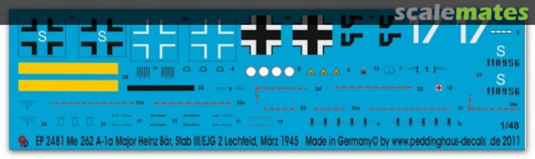 Boxart Me 262 A-1a Major Heinz Bär, Stab III/EJG 2. Lechfeld, März 1945 EP 2481 Peddinghaus-Decals