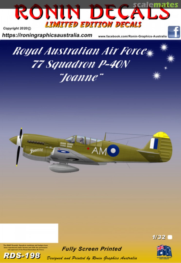 Boxart Royal Australian Air Force 77 Squadron P-40N "Joanne" RDS-198 Ronin Decals