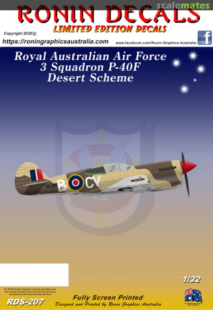 Boxart Royal Australian Air Force 3 Squadron P-40F Desert Scheme RDS-207 Ronin Decals