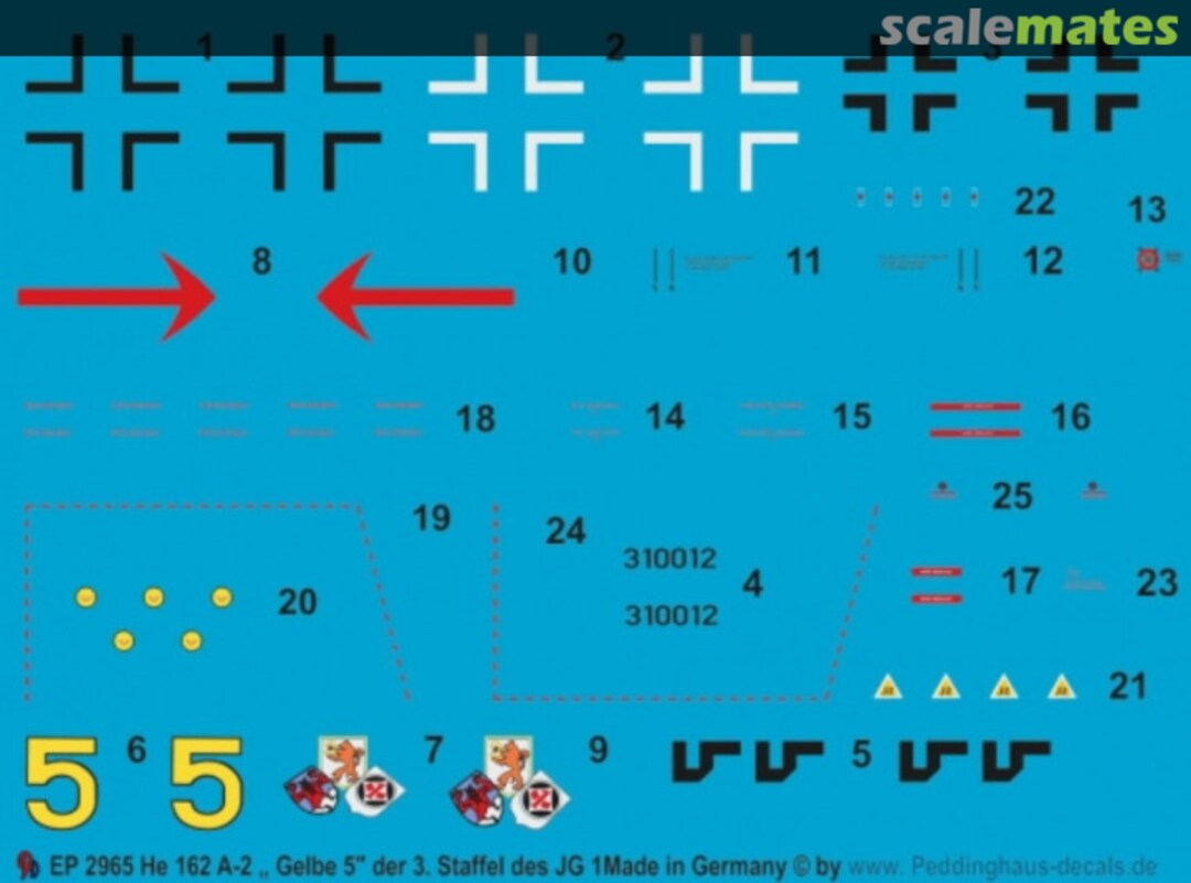 Boxart He 162 A-2 "Gelbe 5" der 3. Staffel des JG 1, nach dem Krieg Franz. Beutemaschine EP 2965 Peddinghaus-Decals