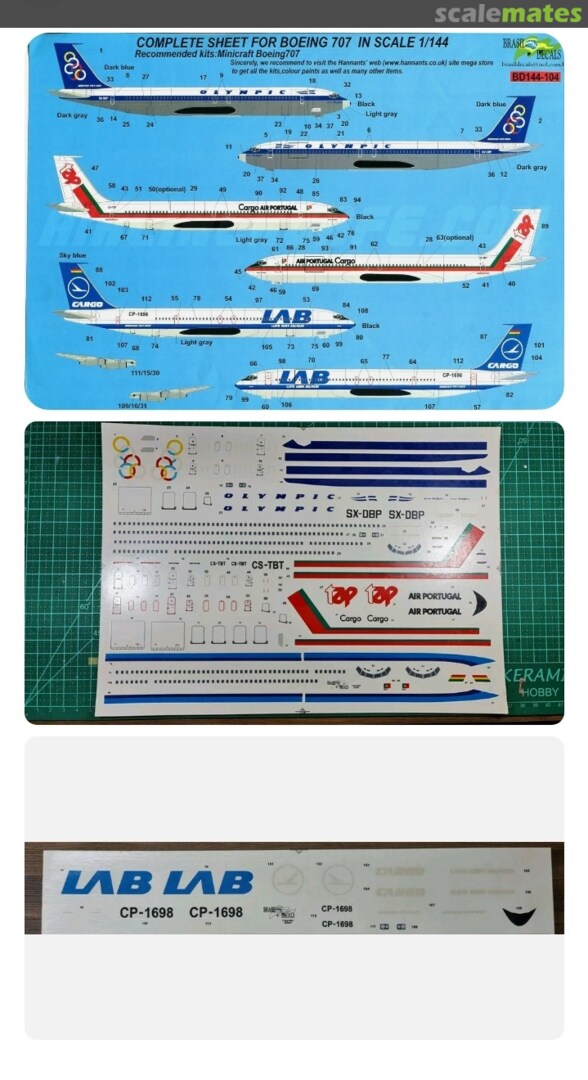 Boxart Boeing 707s: Olympic, TAP Portugal, LAB Bolivia BD144-104 Brasil Decals