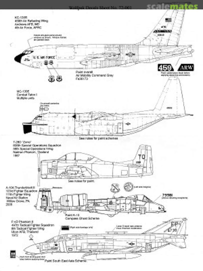 Boxart KC-135R, MC-130E, T-28D, A-10A, F-4D 72-001 Wolfpak Decals