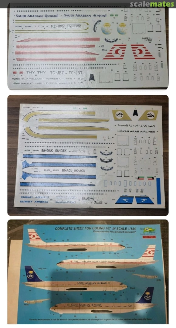 Boxart Boeing 707s: Turk Hava Yollari, Libyan Arab Airlines, Saudi Arabian Airlines, & Kuwait Airways BD144-129 Brasil Decals