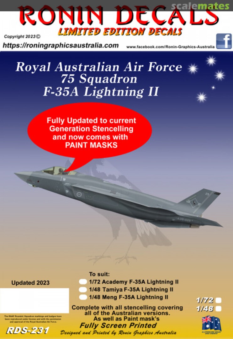 Boxart RAAF 75 Sqn F-35A Lightning II with PM for Tamiya Kit RDS-231 Ronin Decals