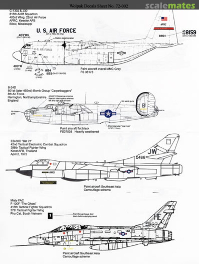 Boxart C-130J, B-24D, EB-66C, F-100F 72-002 Wolfpak Decals