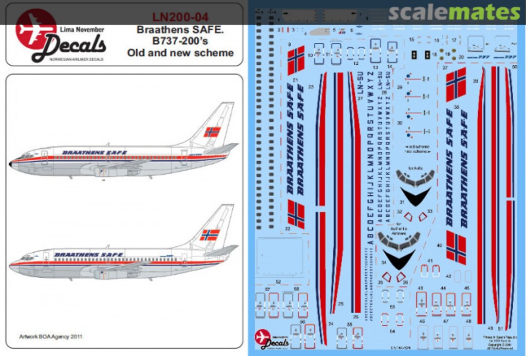 Boxart Braathens SAFE Boeing 737-200 old and new scheme for the Hasegawa kit. This is LN144524 reduced so pictures say LN144524 LN200-04 Lima November Decals