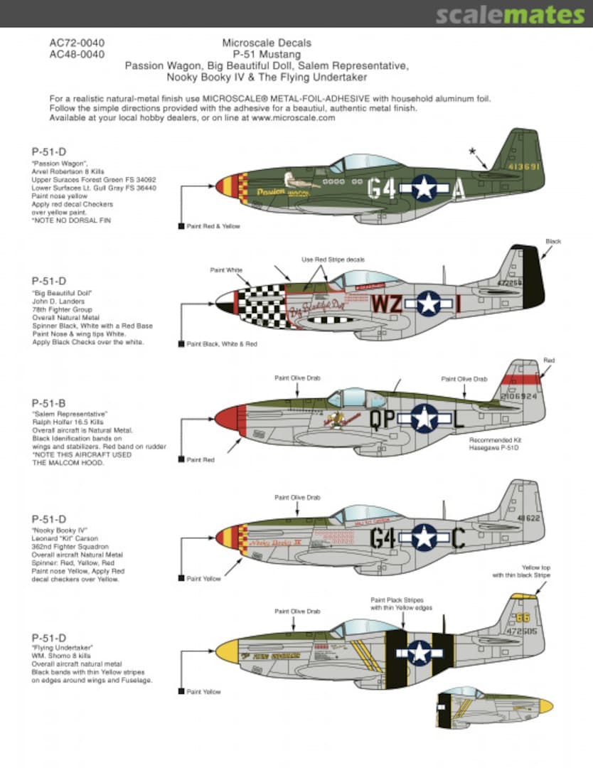 Boxart P-51B Salem Representative, P-51D's The Flying Undertaker, Passion Wagon, Nooky Booky IV, Big Beautiful Doll AC72-0040 Microscale