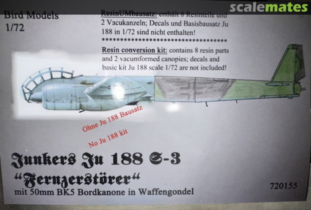 Boxart Junkers Ju 188 S-3 Fernzerstoerer mit 50mm BK5 Bordkanone in Waffengondel 720155 Bird Models