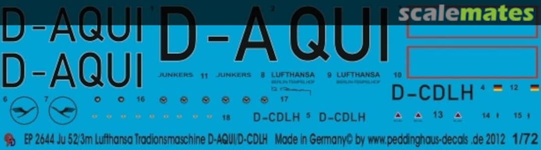 Boxart Ju 52/3m Lufthansa Tradionsmaschine D-AQUI/ D-CDLH EP 2644 Peddinghaus-Decals