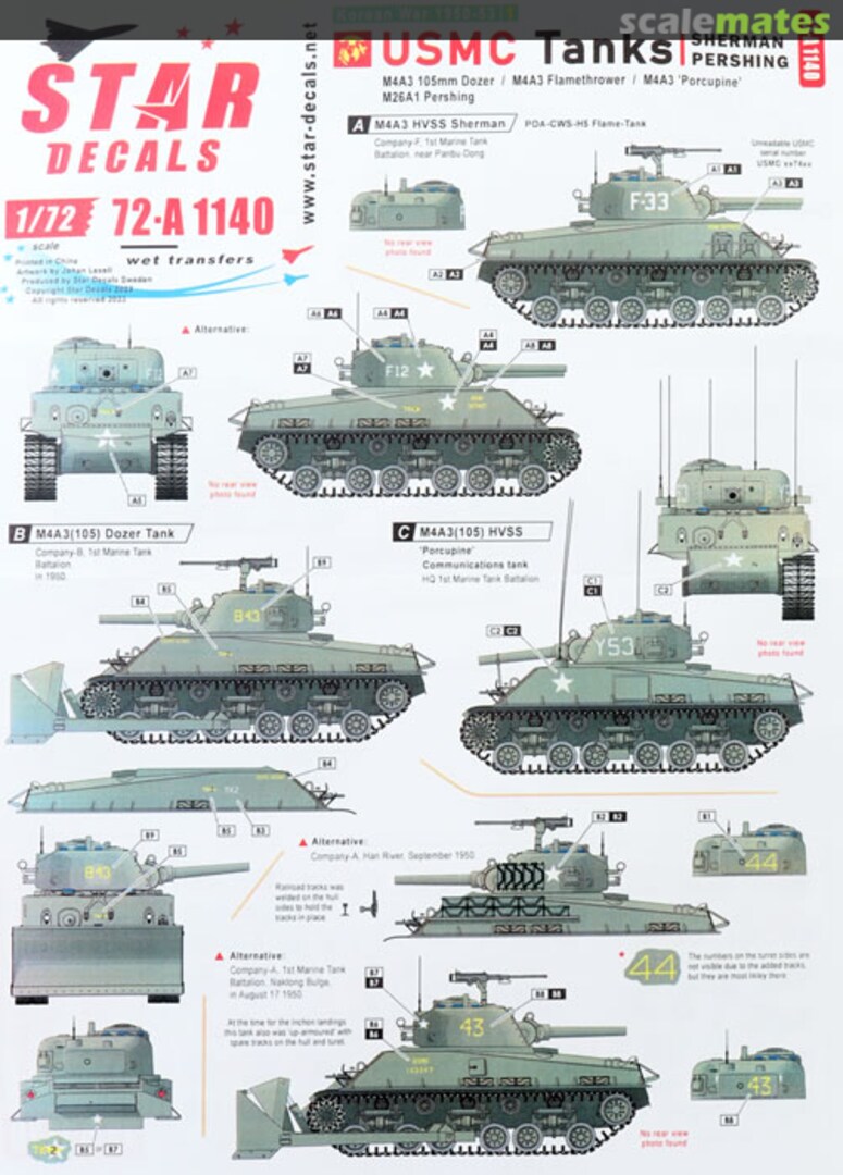 Boxart Korean War #1 USMC Tanks. Sherman and Pershing 72-A1140 Star Decals