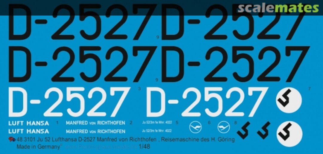 Boxart Ju52/3m Lufthansa D-2527 Richthofen Reisemaschine H. Göring EP 3101 Peddinghaus-Decals