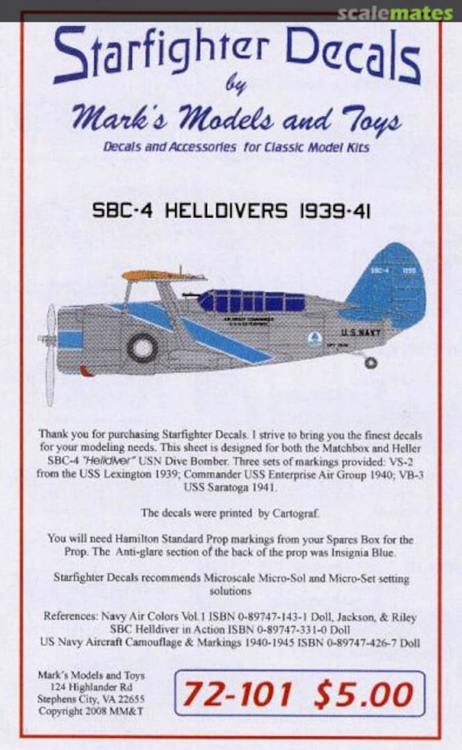 Boxart SBC-4 Helldivers 1939-41 72-101 Starfighter Decals