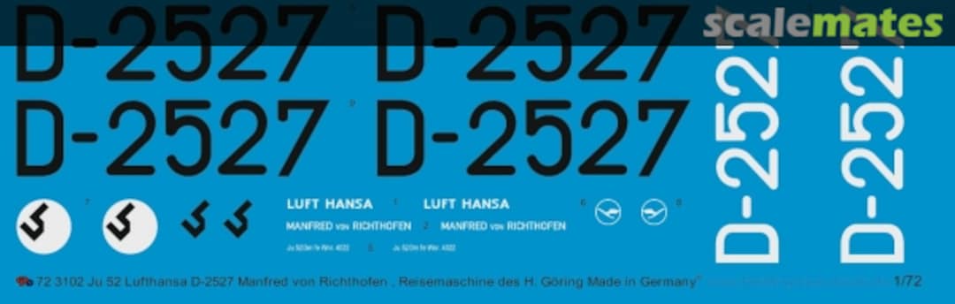 Boxart Ju52/3m Lufthansa D-2527 Richthofen Reisemaschine H. Göring EP 3102 Peddinghaus-Decals