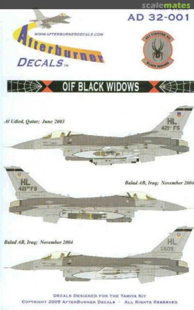 Boxart F-16C Block 40 421FS OIF Black Widows Hill AFB AD 32-001 Afterburner Decals