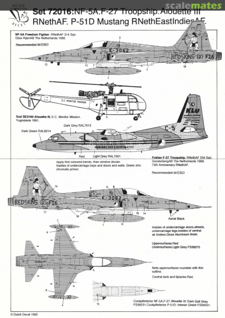 Boxart NF-5A, F-27, Alouette III, P-51D 72016 Dutch Decal