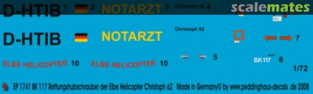 Boxart BK 117 Rettungshubschrauber D-HTIB der Elbe Helicopter Christoph 62 EP 1741 Peddinghaus-Decals