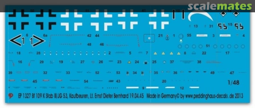 Boxart BF 109 K Stab III./JG 53 Kaufbeuren Lt. Ernst Dieter Bernhard 19.4.45 EP 1327 Peddinghaus-Decals