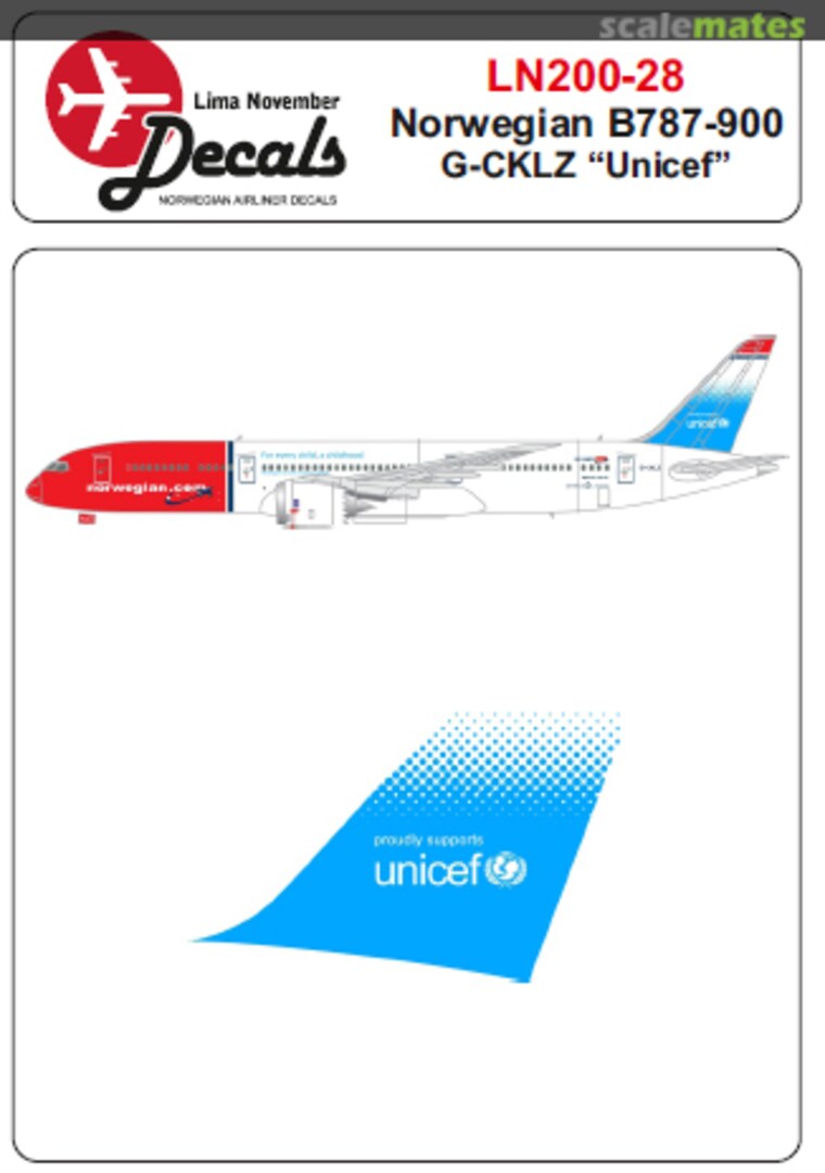 Boxart Norwegian Boeing 787-900 with Unicef on tail LN200-28 Lima November Decals