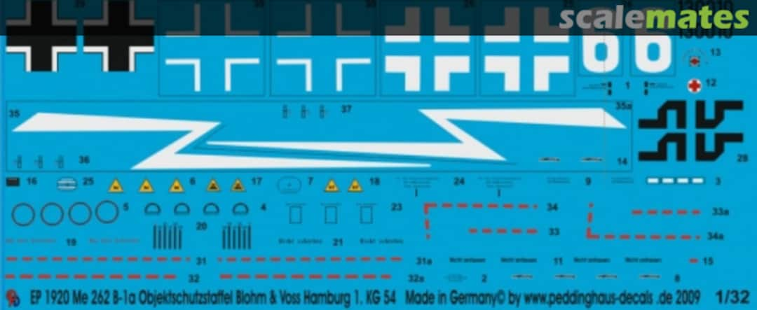 Boxart Me 262 B-1a Objektschutzstaffel Blohm & Voss Hamburg 1.KG 54 EP 1920 Peddinghaus-Decals