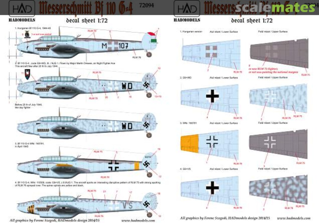 Boxart Messerschmitt Bf 110 G-4 Decal Sheet 72094 HADmodels 