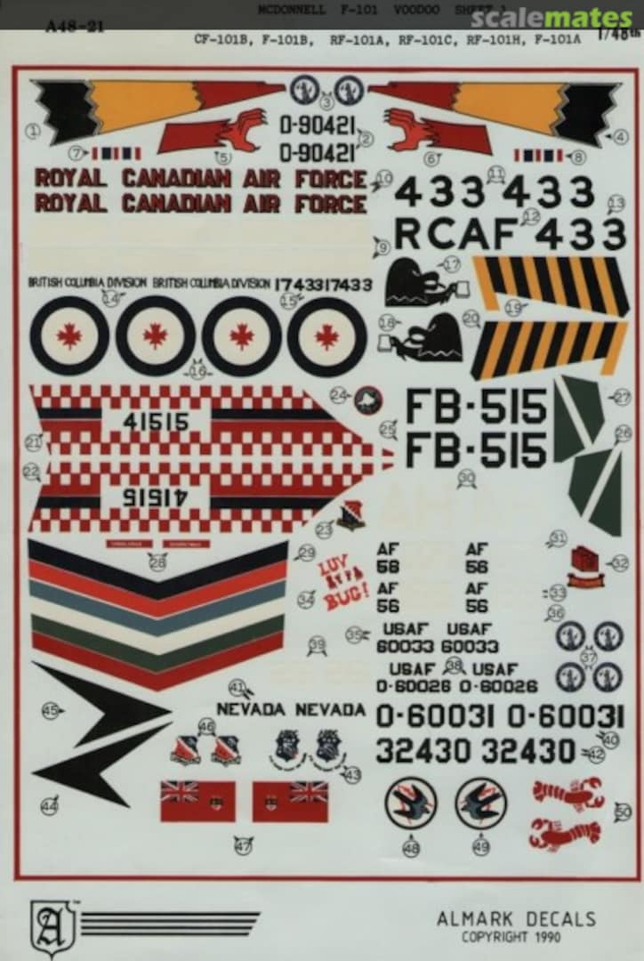 Boxart McDonnell F-101 Voodoo, Sheet 1 A48-21 Almark Decals