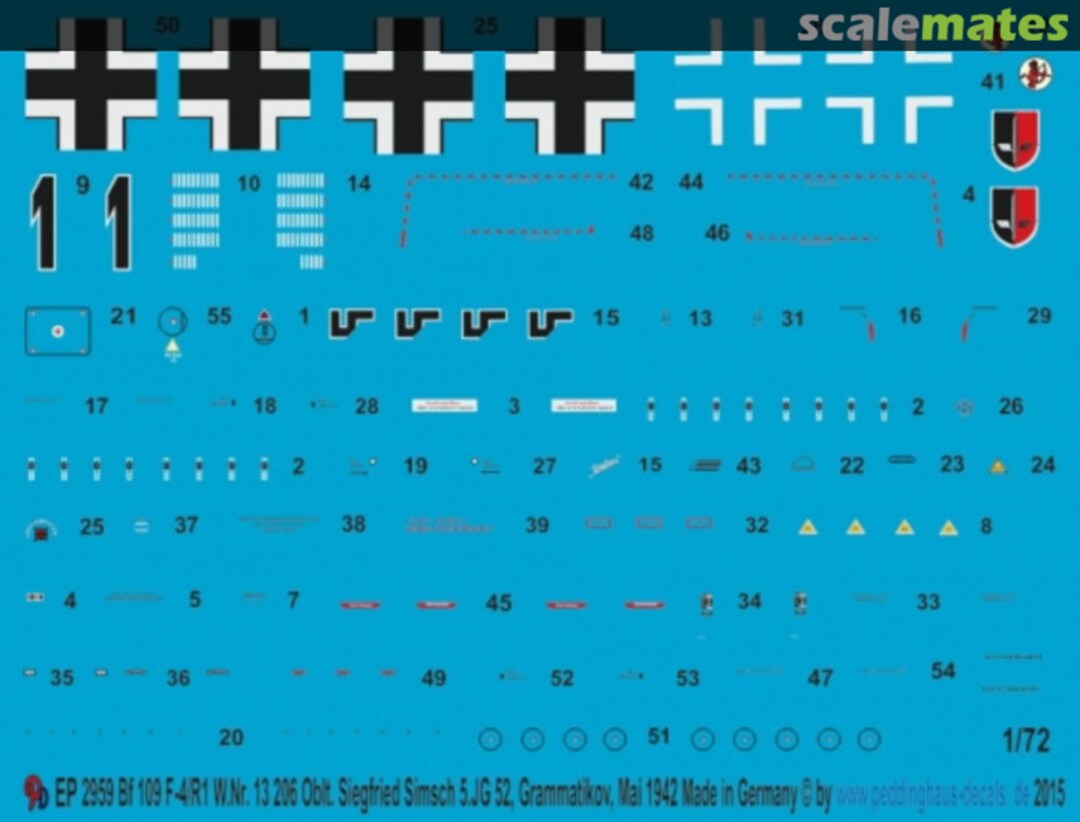 Boxart Bf 109 F-4/R1 Oblt. Siegfried Simsch, 5. JG 52, Grammatikov, Mai 1942 EP 2959 Peddinghaus-Decals