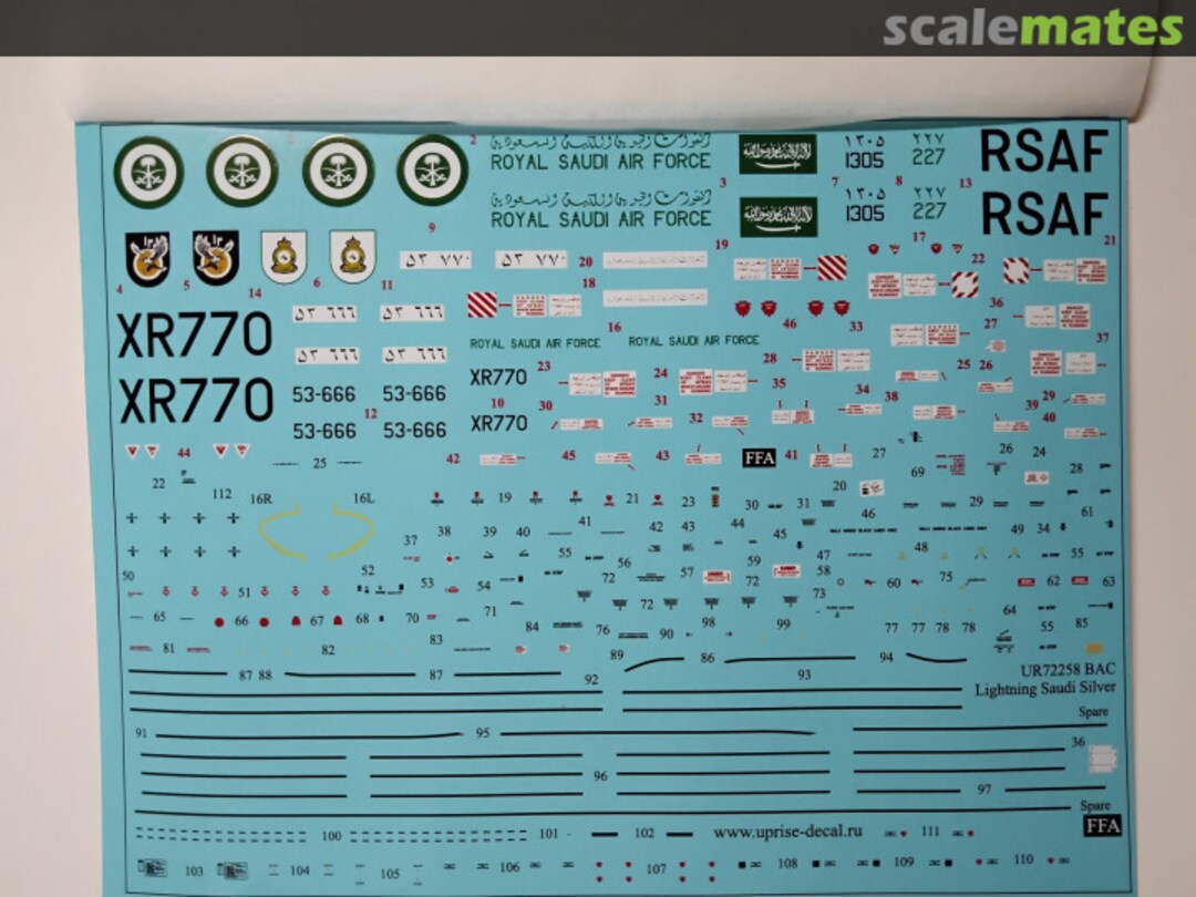 Contents BAC Lightning Mk.53 Saudi CAMO with stencils, FFA - removable film UR72258 UpRise