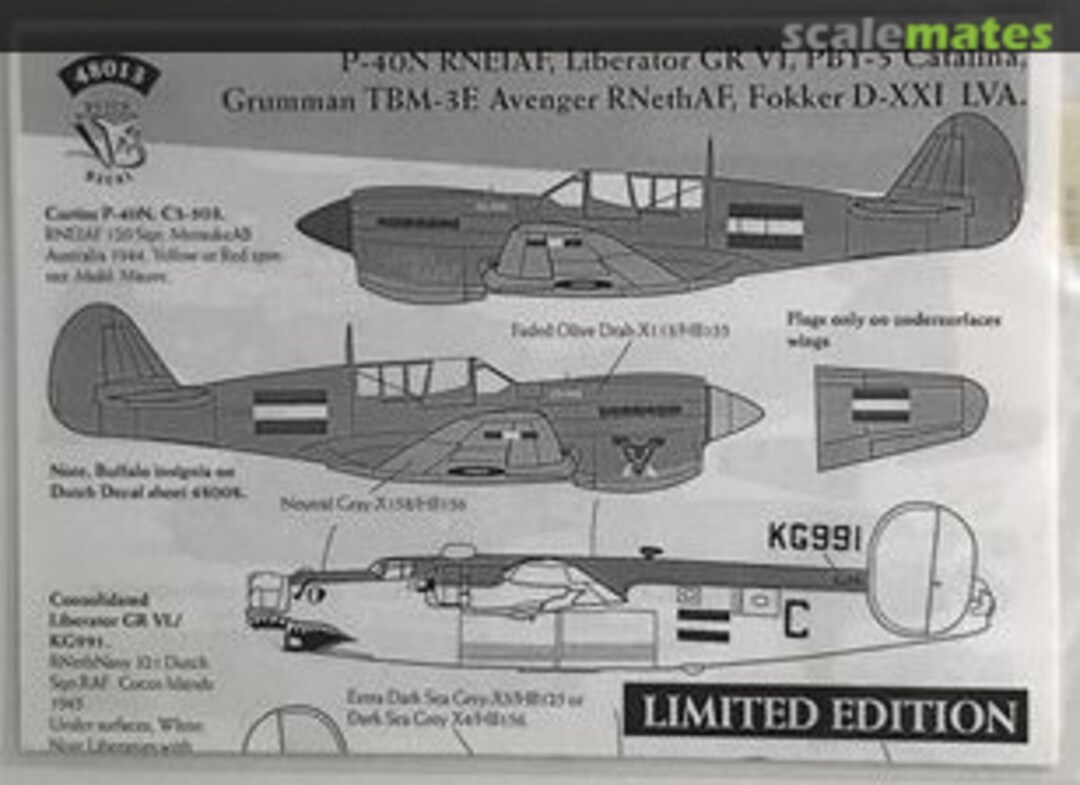 Boxart P-40N RNEIAF, Liberator GR VI, PBY-5 Catalina, Grumman TBM-3E Avenger RNETHAF, Fokker D-XXI LVA 48013 Dutch Decal