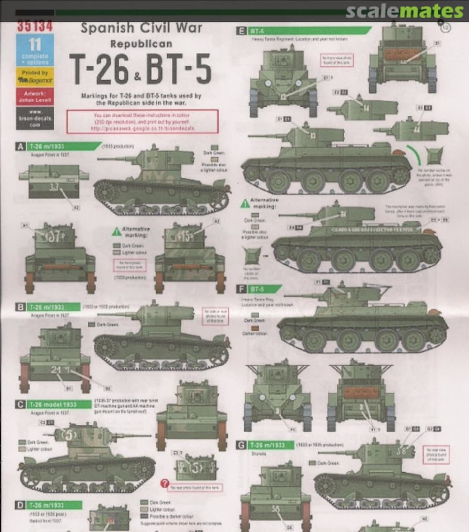 Boxart Spanish Civil War (#3) - Republican T-26 and BT-5 Markings 35134 Bison Decals